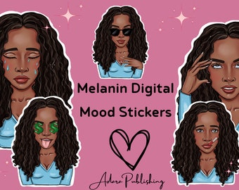 Puede incluir: Pegatinas digitales con ilustraciones de una mujer con cabello rizado oscuro, cada una representando un estado de ánimo diferente. Las pegatinas incluyen el texto "Melanin Digital Mood Stickers" y el nombre "Adora Publishing". El fondo es rosa con acentos de estrellas.