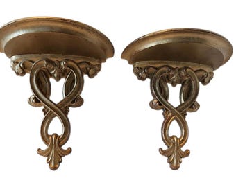 2 Vintage Hollywood Regency 60s Ornate Gold Gilded Weathered Wall Shelf Shelves