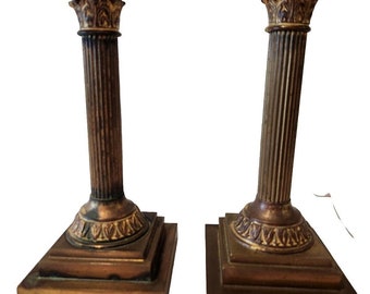 2 OLD Hollywood Regency Vintage Brass / Bronze Patina'd Candleholders Heavy!