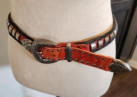 VTG Usmeco Paris Couture Leather Buckle Riveted & Mesh Bling  display picture 1