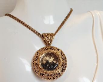 Gold Plated Sterling Black Spinel Shaker Pendant Statement Necklace Filigree