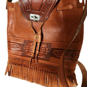 VINTAGE 70's Hippy BOHO Tooled FESTIVAL Leater Fringed Bag Purse Aztec Style