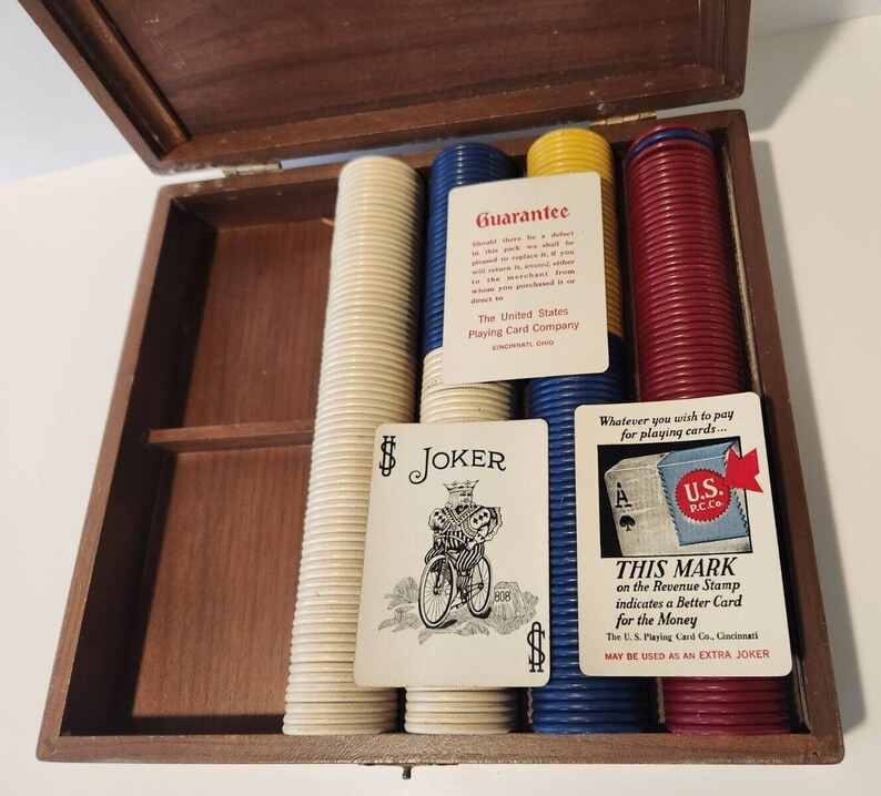 MCM Vintage Wood Poker Chip Travel Case W/ Original Chips & Guarantee