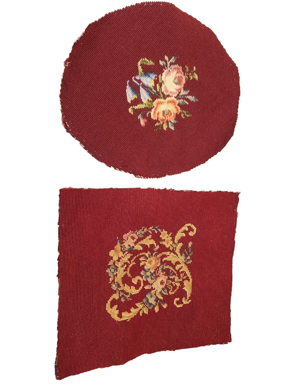 Set Of 2 Antique Handmade Wool Needlepoint Pillow Chair Seat Ottoman Covers