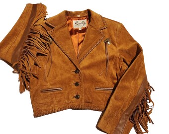 Vtg 70s Cropped Fringe Leather Suede Jacket Tan Boho Western Festival Biker Sz 8