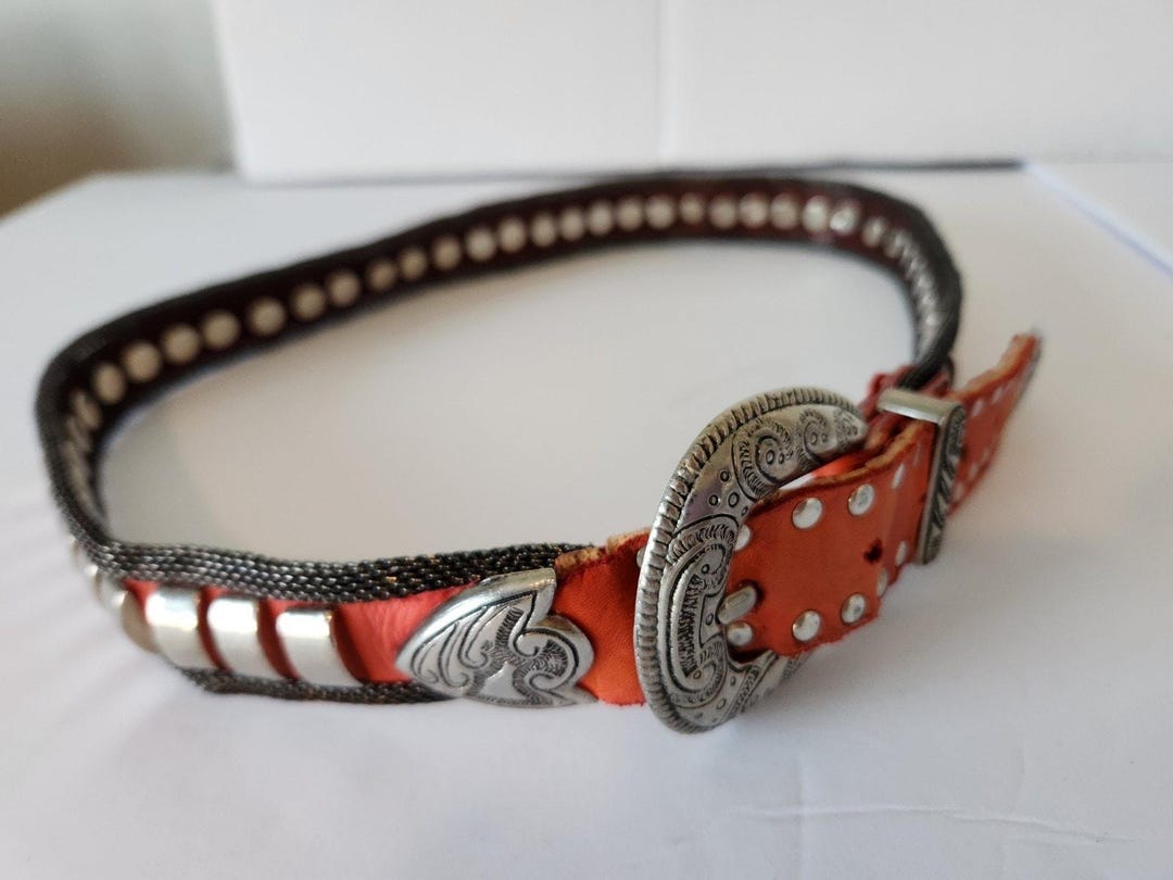 VTG Usmeco Paris Couture Leather Buckle Riveted & Mesh Bling 33\