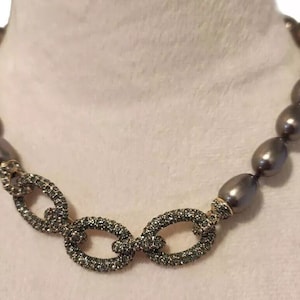 Vintage 1960&#39;s Monet Faux Pearl Necklace Taupe Brown Rhinestone Costume Jewelry