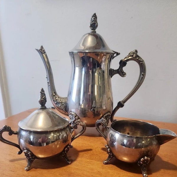 Old W. M. Rogers Silverplate Tea Set Teapot, Sugar Bowl, Creamer Vintage