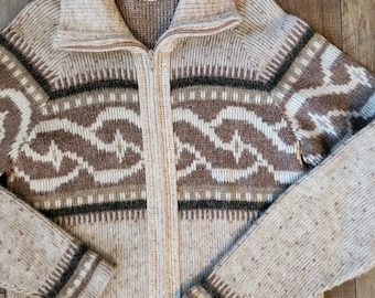 Vintage Fisherman Wool Knit Cardigan Sweater Nordic Ski Shawl Neck Zip Grandpa