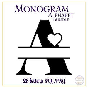 Puede incluir: Un gráfico digital con el texto Monogram Alphabet Bundle en la parte superior y 26 letters SVG, PNG en la parte inferior. El centro muestra una letra A negra grande con una división horizontal y un icono de corazón blanco integrado.