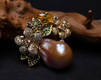 Multi-colored Zirconia Flower & Freshwater Baroque Pearl Fruit Brooch