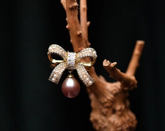 Pink/Purple Teardrop Pearl Crystal Bow Brooch