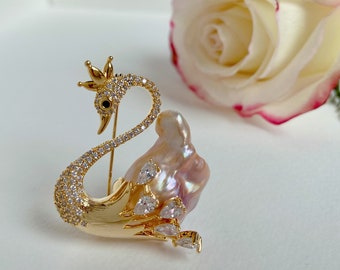 Baroque Pearl Swan Queen Brooch