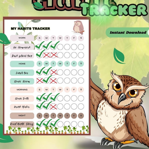 Digitaler Habit-Tracker mit Tierdesign, Single Page Habit Tracking, niedlicher Tier-Gewohnheits-Tracker, herunterladbarer Tier-Habit-Tracker