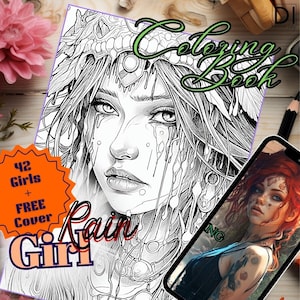 Beautiful Girl In the Rain Coloring Book Pages , Rainy Day Grayscale Printable Colouring Art for Adults , Woman in Rain Coloring Sheets