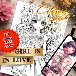Anime Girl Coloring Book Pages adult, Fantasy cute anime artwork ,kawaii valentine colouring bundle cards , Digital download