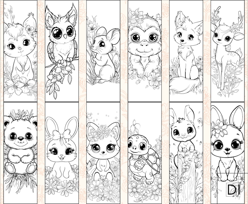 12 Baby Animal Coloring Bookmark for Kids , Children Diy Craft , Forest