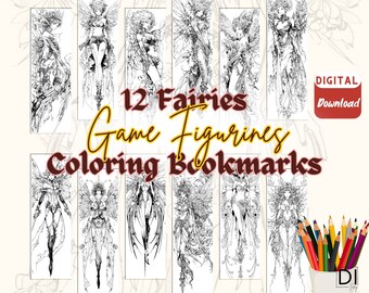 12 Fairies Coloring Digital Bookmark Set, Game Figurines , Gift for Girls, Book Accessories , Colouring Book mark , Printable Download