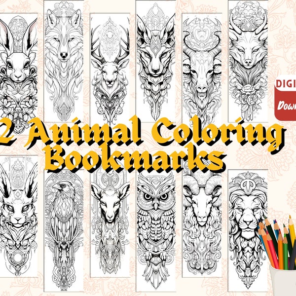 Animal Mandala Coloring Book Mark, 12 Celtic Designs Mandala Color 2x6 inch Pintables , Colouring Bookmark , Digital Downloads PDF