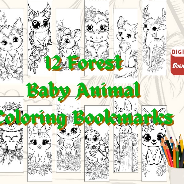 12 Baby Animal Coloring Bookmark for Kids , Children diy craft , Forest Animal Printable Bookmark Couloring Pages , Fury Kawaii Book mark
