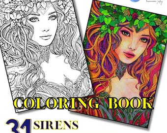 Fantasy Coloring Pages for Adults , Magical Sirens Beauties , Celestials Sorceresses Colouring Book Pages, Mermaid Coloring for Woman