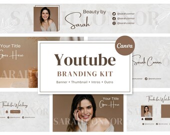 May include: A branding kit for YouTube featuring a light brown background with white text and a stylized signature. The kit includes a banner, thumbnail, intros, and outros. The text reads "Beauty by Sarah", "Youtube Branding Kit", "Banner - Thumbnail - Intros - Outros", "Your Title Goes Here", "Sarah Connor", "Thanks for Watching", and "Canva".