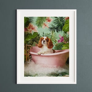 PRINTABLE Cavalier King Charles in a Pink Tub | Tropical Jungle Aesthetic | Whimsical Vintage Home Decor, Instant Download Wall Art