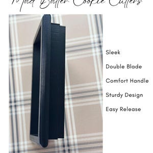 May include: Black cookie cutter with the text "Mad Batter Cookie Cutters". The cutter has a sleek design, double blade, comfort handle, sturdy design, and easy release.