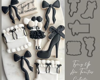 May include: A set of cookie cutters for making cookies with a "Tying Up Her Twenties" theme. The cutters include a high heel shoe, a bow, a gift box, a balloon, and a frame. The cutters are made of metal and are silver in color.