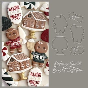 May include: A selection of Christmas-themed biscuits, featuring gingerbread houses, gingerbread men, and candy canes. The biscuits are decorated with white icing and red and green details. The words "Baking Spirits Bright" are also visible.