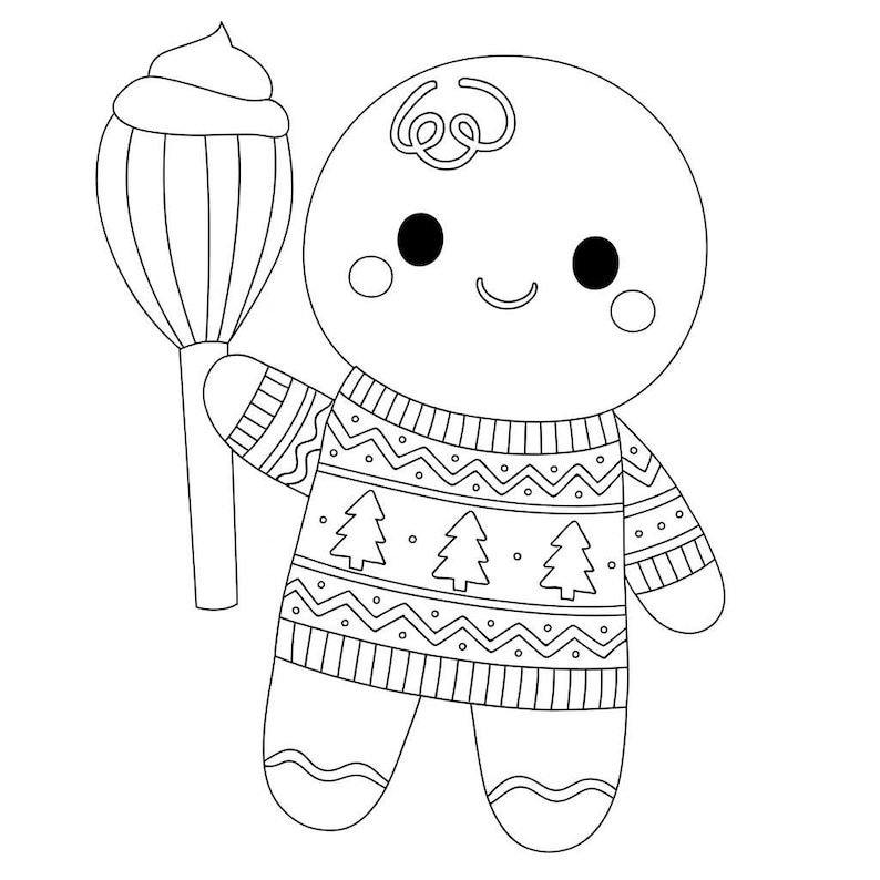 May include: A black and white illustration of a gingerbread person holding a whisk with frosting. The gingerbread person is wearing a sweater with Christmas tree and geometric patterns. The illustration has a cheerful, cartoonish style.