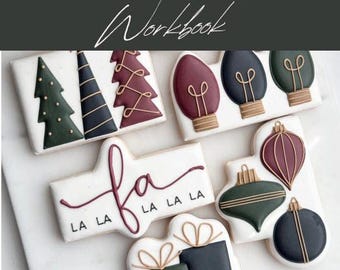 May include: A set of Christmas-themed sugar cookies decorated with various designs, including trees, baubles, lights, and a "fa la la" banner. The cookies are arranged on a white surface.