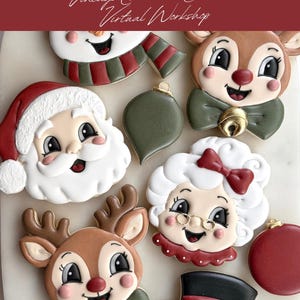 May include: A collection of decorated sugar cookies featuring festive characters including Santa Claus, Mrs. Claus, reindeer, and snowmen, alongside red and green ornament-shaped cookies. The text reads MAD BATTER COOKIE CO. Vintage Christmas Collection Virtual Workshop.