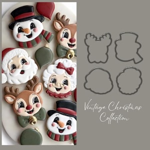 May include: A set of four metal cookie cutters and matching decorated cookies featuring a snowman, reindeer, Santa Claus, and Mrs. Claus. The text "Vintage Christmas Collection" is printed on the right side of the image.