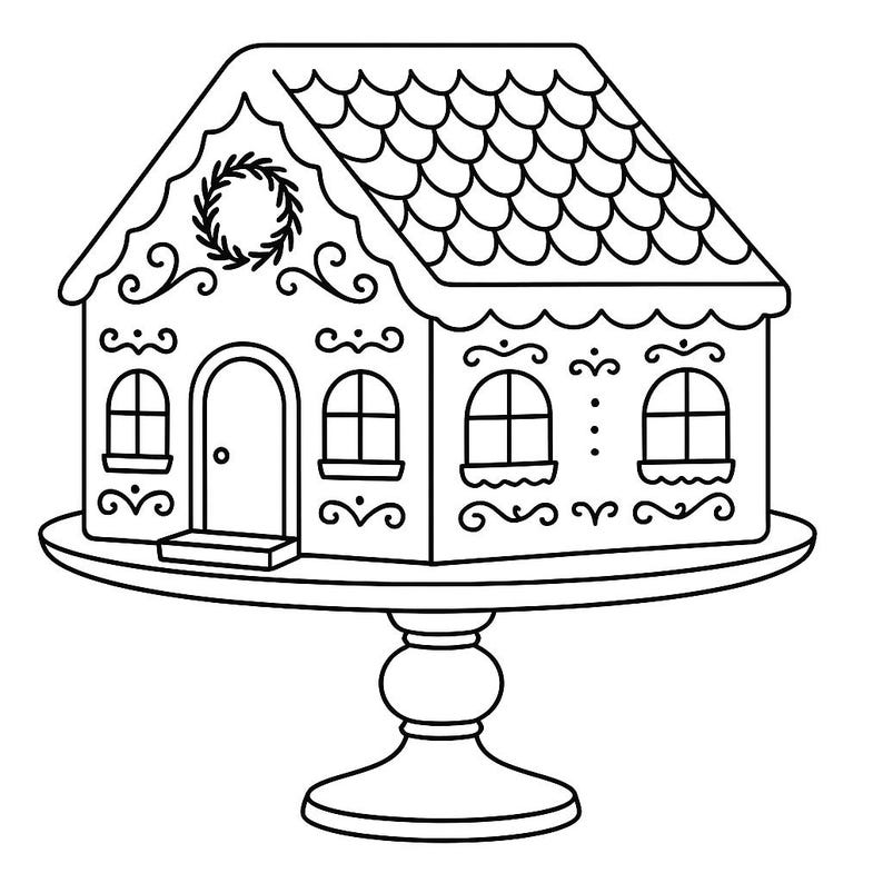 May include: Black and white line drawing of a gingerbread house on a cake stand. The house has a tiled roof, arched windows, and a wreath above the door. The cake stand has a round base and a decorative stem.