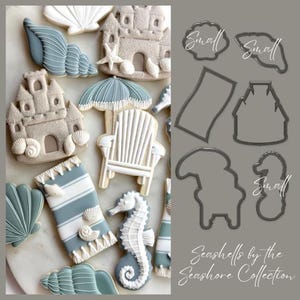 May include: Cookies decorated with a beach theme, including seashells, sandcastles, beach chairs, and beach towels. The cookies are in shades of white, blue, and tan. The image also shows cookie cutter outlines with the word "Small".