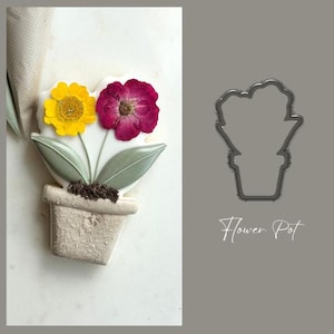 May include: A flower pot-shaped cookie decorated with a yellow and a magenta flower, green leaves, and brown sprinkles. The cookie is on a white surface. A metal flower pot cookie cutter and the words "Flower Pot" are on a gray background.