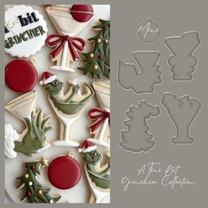 May include: A collection of Christmas cookies with green, red, and white icing. The cookies are shaped like Christmas trees, ornaments, martini glasses, and the Grinch. The text "A Tiny Bit Grinchier Collection" is visible.