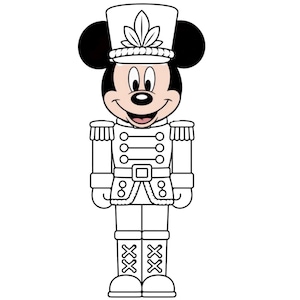May include: A black and white line art illustration of Mickey Mouse dressed as a nutcracker soldier. The character wears a tall hat with a leaf emblem, a jacket with epaulets and buttons, and tall boots with an X-shaped pattern on the shins.
