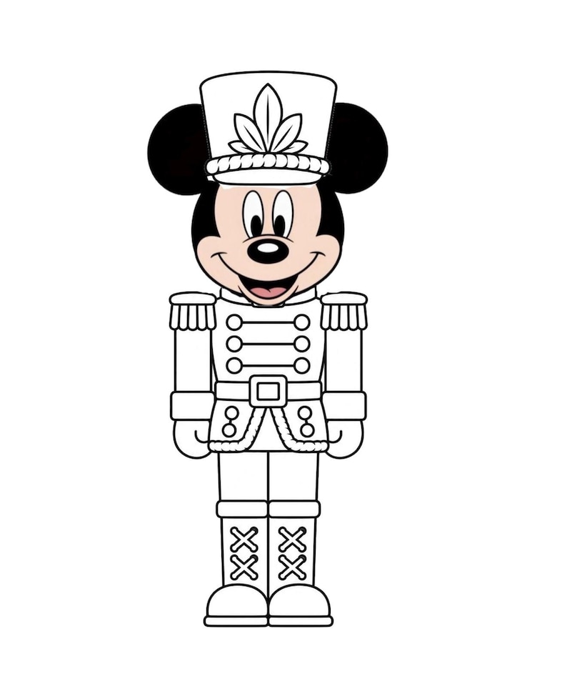 May include: A black and white line art illustration of Mickey Mouse dressed as a nutcracker soldier. The character wears a tall hat with a leaf emblem, a jacket with epaulets and buttons, and tall boots with an X-shaped pattern on the shins.