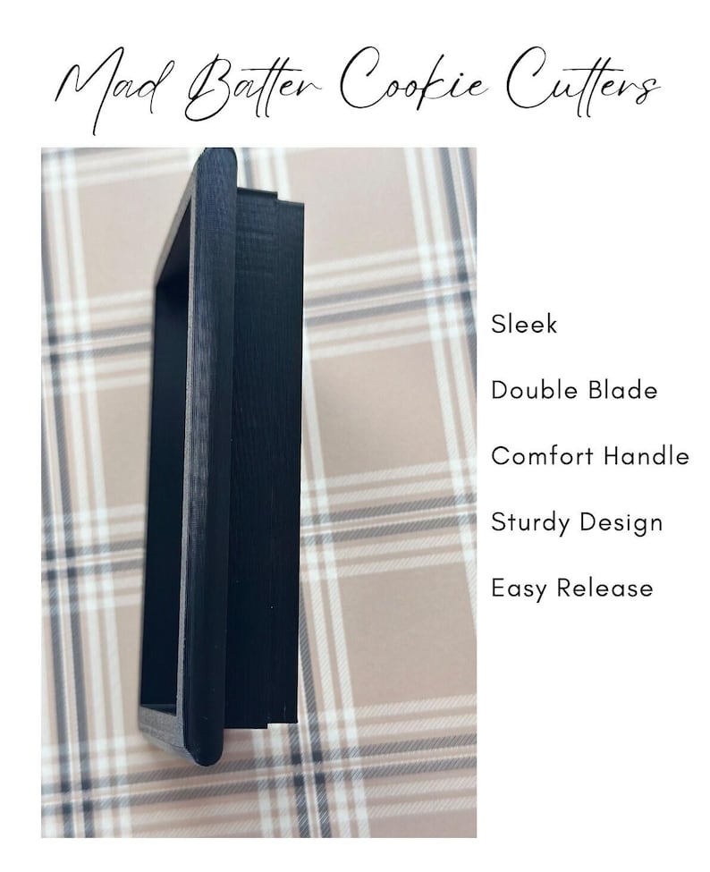 May include: A black cookie cutter with a sleek design, double blade, comfort handle, sturdy construction, and easy release.