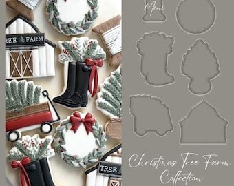 May include: A collection of Christmas-themed cookies, including a wreath, boots, a barn, and a wagon, decorated with red bows and greenery. The image also shows cookie cutter outlines. The text "Christmas Tree Farm Collection" is visible.
