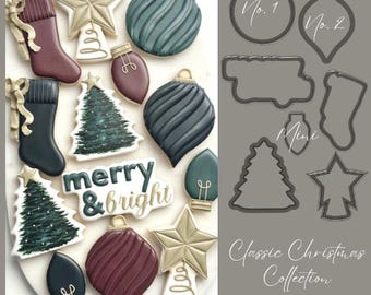 May include: A set of 10 Christmas cookie cutters in various shapes, including a stocking, a star, a tree, a light bulb, and an ornament. The cutters are made of metal and have a silver finish. The text "Classic Christmas Collection" is printed on the background.