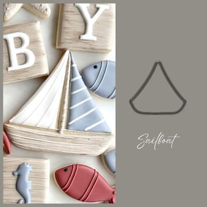 May include: A set of cookie cutters for making nautical themed cookies. The cutters are in the shape of a sailboat, a fish, a starfish, and a seahorse. The cutters are made of metal and have a silver finish.