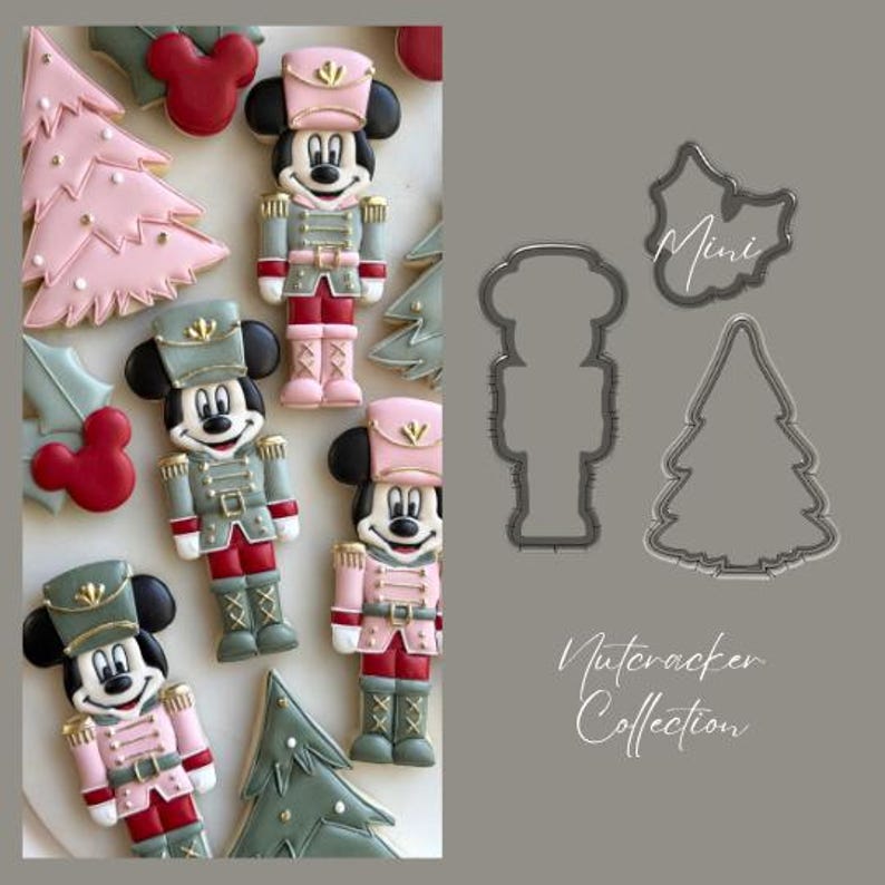 May include: Decorated sugar cookies shaped like Mickey Mouse nutcrackers and Christmas trees alongside metal cookie cutters. The cookies feature pink, red, and sage green icing with gold accents. The text reads Mini Nutcracker Collection.