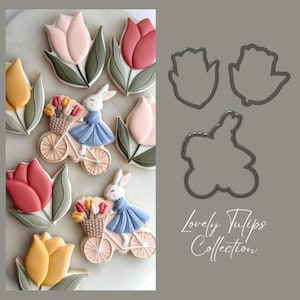 May include: Cookies decorated with pink, red, and yellow tulips, and a bunny riding a bicycle. The cookies are arranged with three metal cookie cutters. The text "Lovely Tulips Collection" is written in cursive.