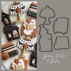 May include: A collection of Halloween-themed cookies and metal cutters featuring a haunted house, a ghost reading a book in an armchair, a stained-glass lamp with a pumpkin, and stacked books. The text Spooky Books Collection is visible.