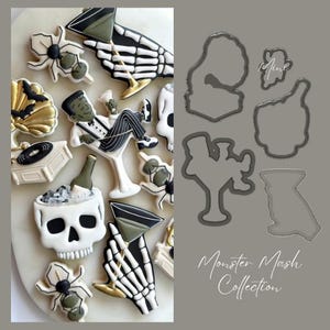 May include: A collection of decorated cookies featuring a skeleton hand holding a martini glass, a monster in a suit, a skull with a bottle, and spiders, alongside matching gray plastic cookie cutters labeled Monster Mash Collection.