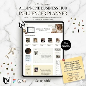 Peut inclure: Un hub d'affaires et planificateur d'influenceurs numérique basé sur Notion affiché sur un écran de tablette. L'interface comprend des sections pour la gestion de projet, le marketing et la planification de contenu. Une note jaune affiche le texte.
