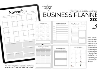 May include: A digital business planner for 2027 featuring a November calendar page on a tablet screen, alongside printed templates for weekly and daily planning, monthly reviews, and seasonal ideas, with the text BOSS MAMA SHOP and WWW.BOSSMAMASHOP.COM.